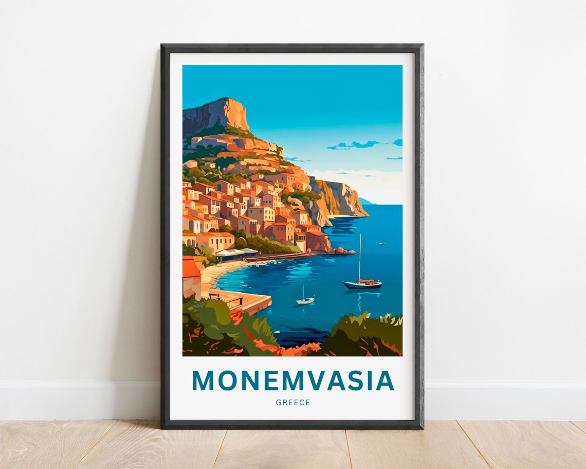 Monemvasia Greece Cliffside Town Vintage Travel Poster Sea Gift