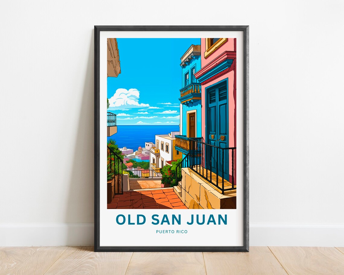 Old San Juan Colorful Colonial Street Ocean View Travel Poster
