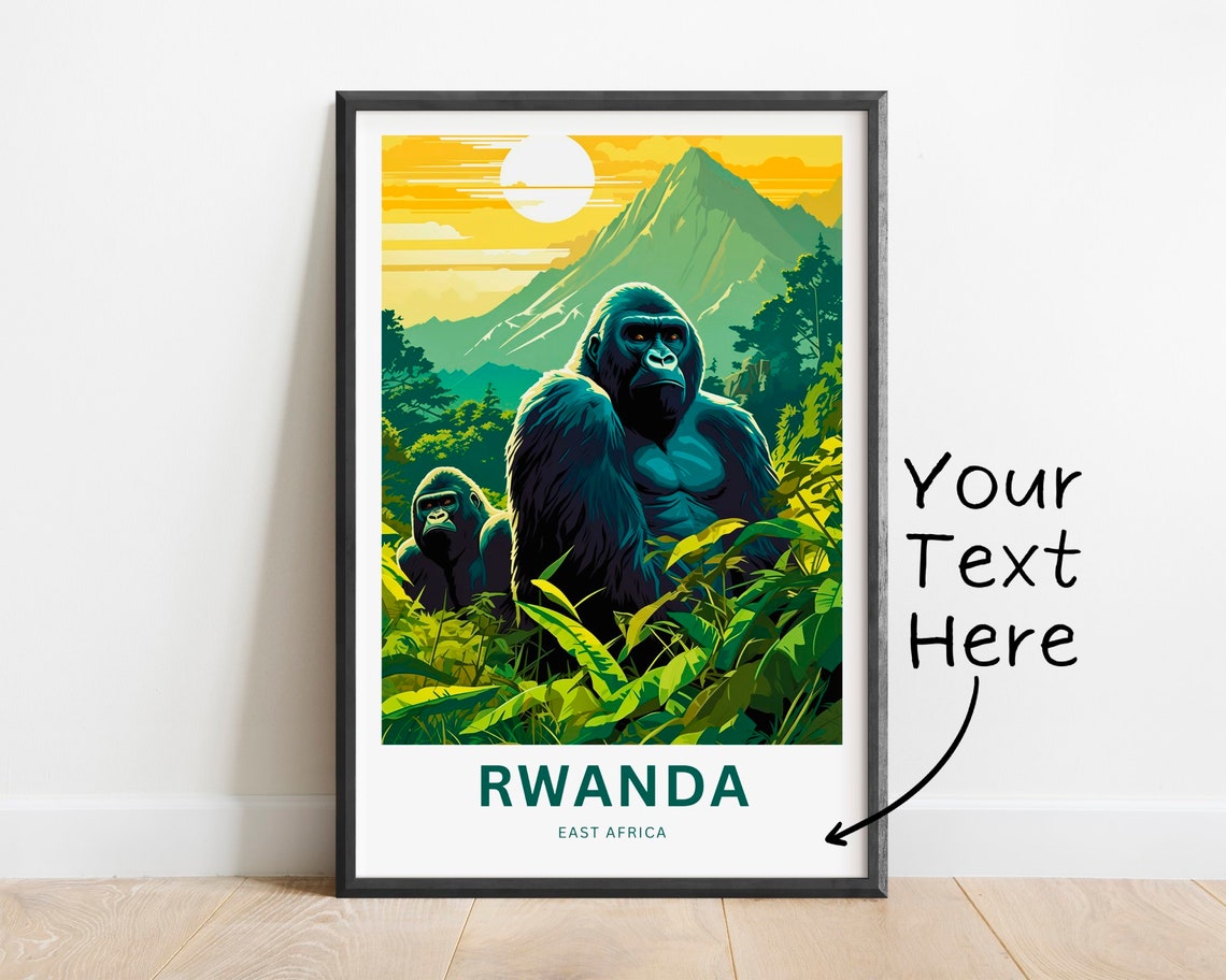 Rwanda Gorilla Pair Volcano Sunset Personalized Travel Poster