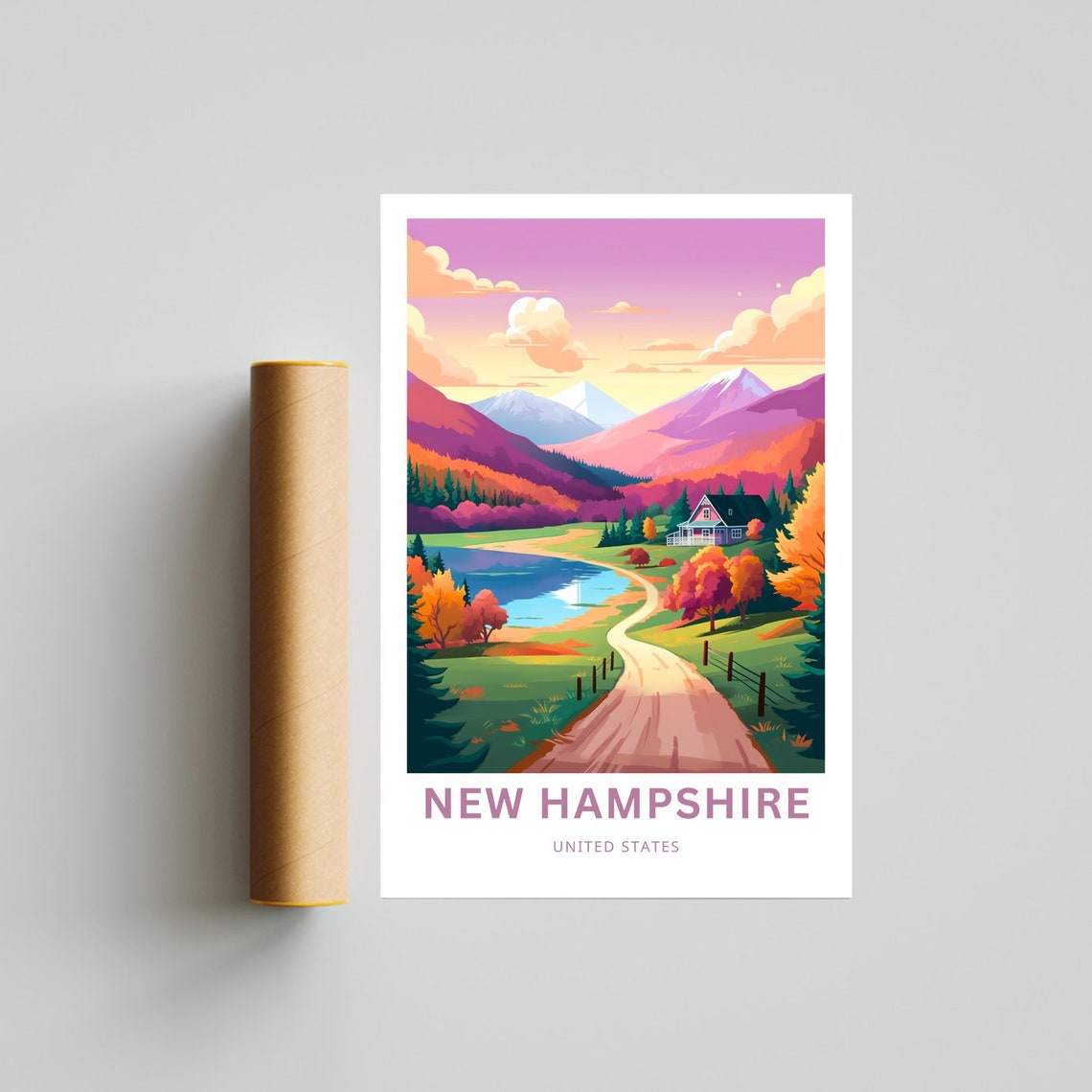 New Hampshire Personalized Poster with Countryside Lake and Mountains - Image 4
