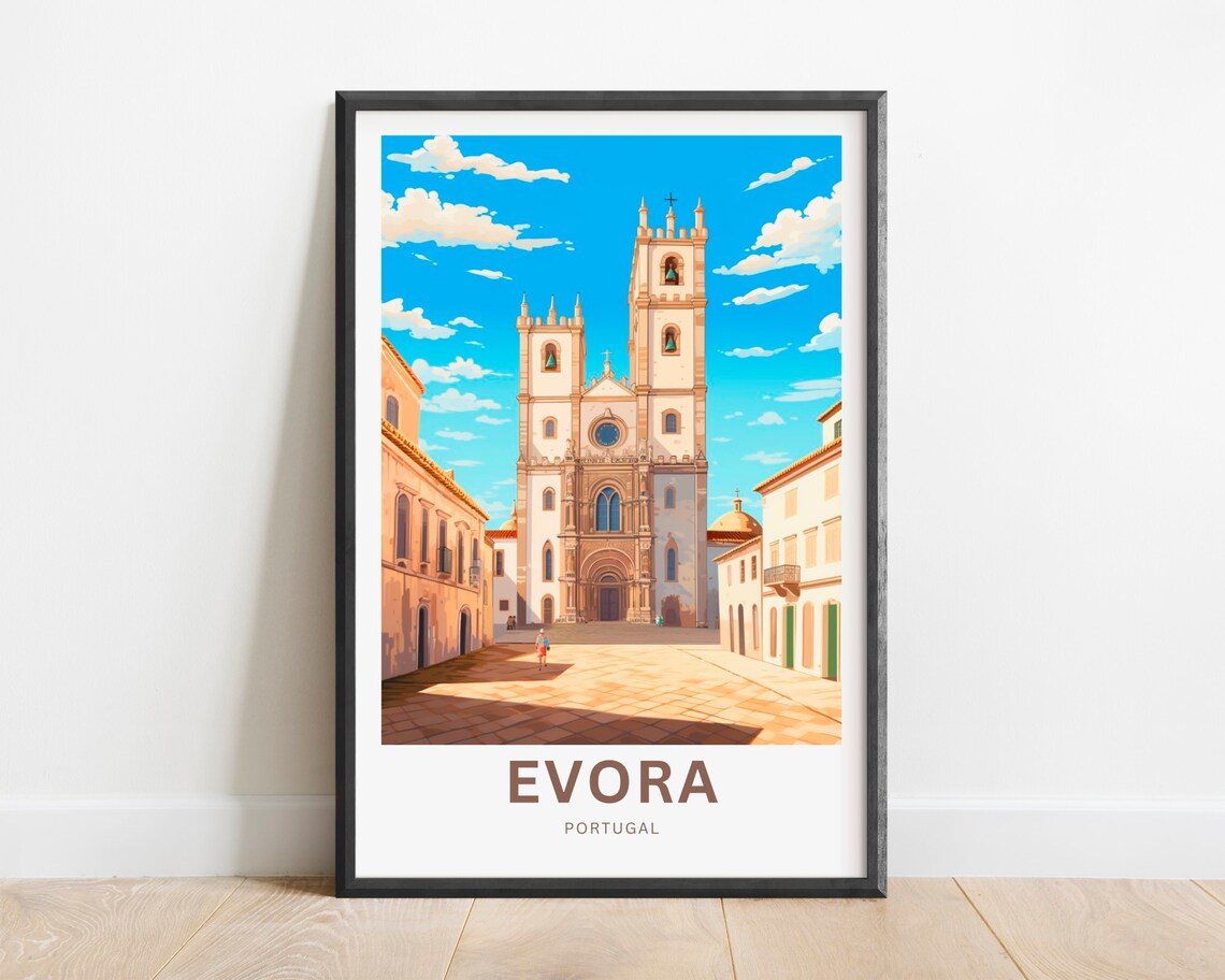 Evora Portugal Cathedral Old Town Square Scene Travel Poster