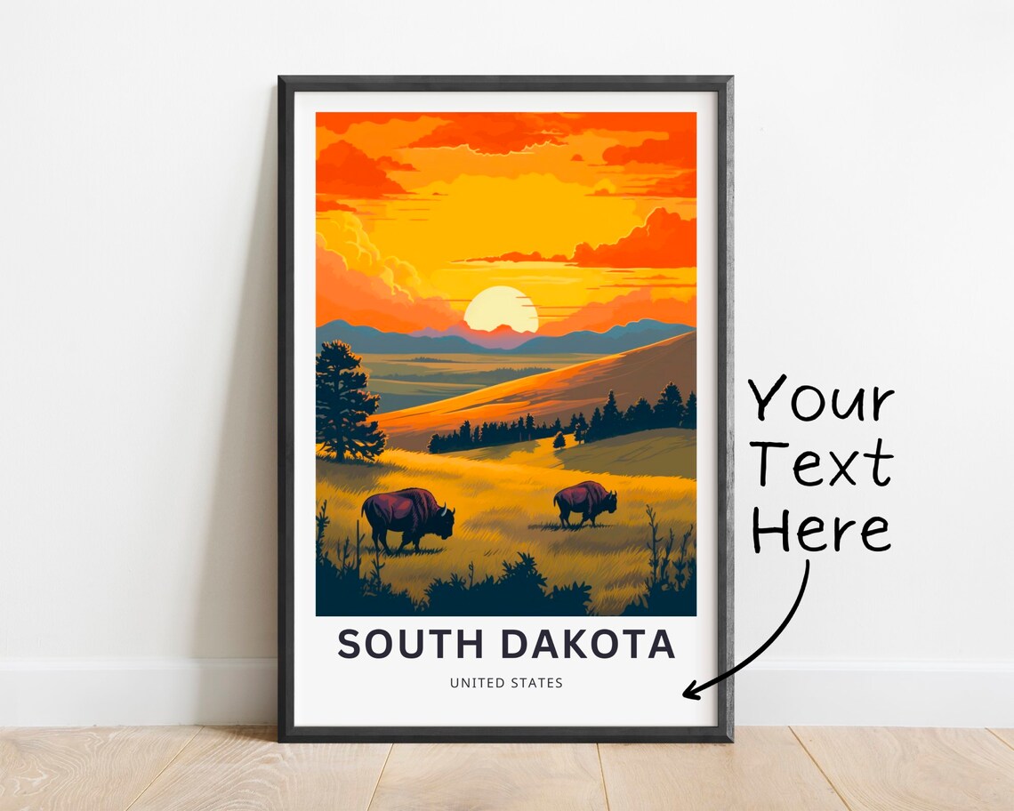 South Dakota Personalized Bison Prairie Sunset Grassland Travel Poster