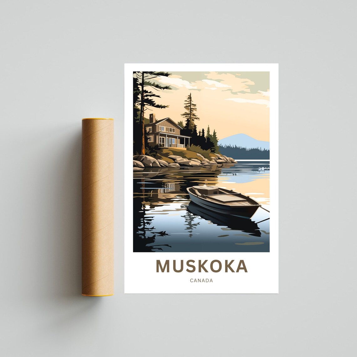 Muskoka Canada Lakeside Cabin Rowboat Vintage Sunset Travel Poster - Image 4