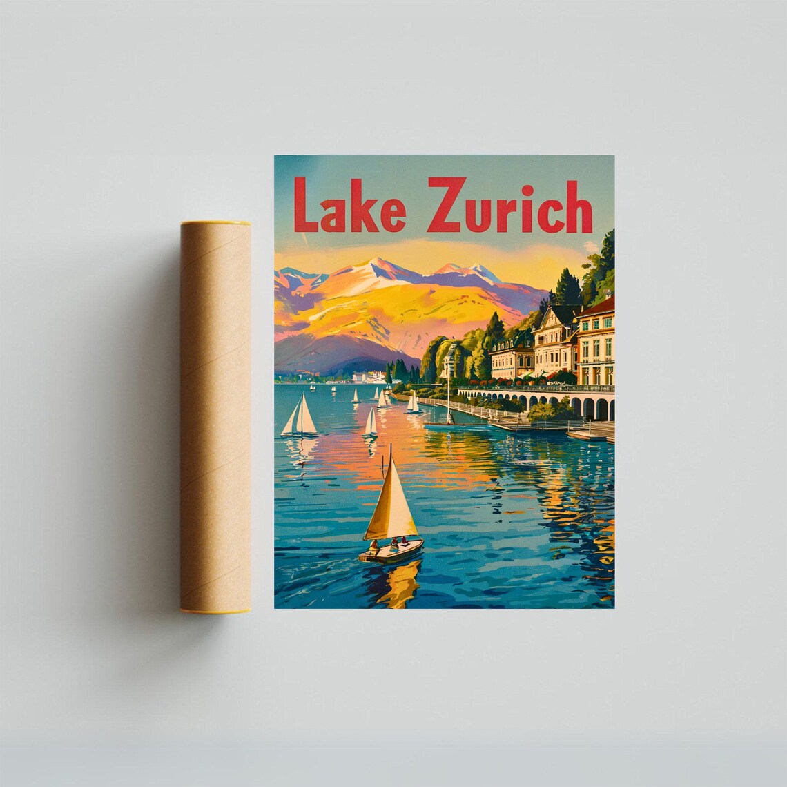 Lake Zurich Sailboats Sunset Promenade Vintage Travel Poster - Image 3