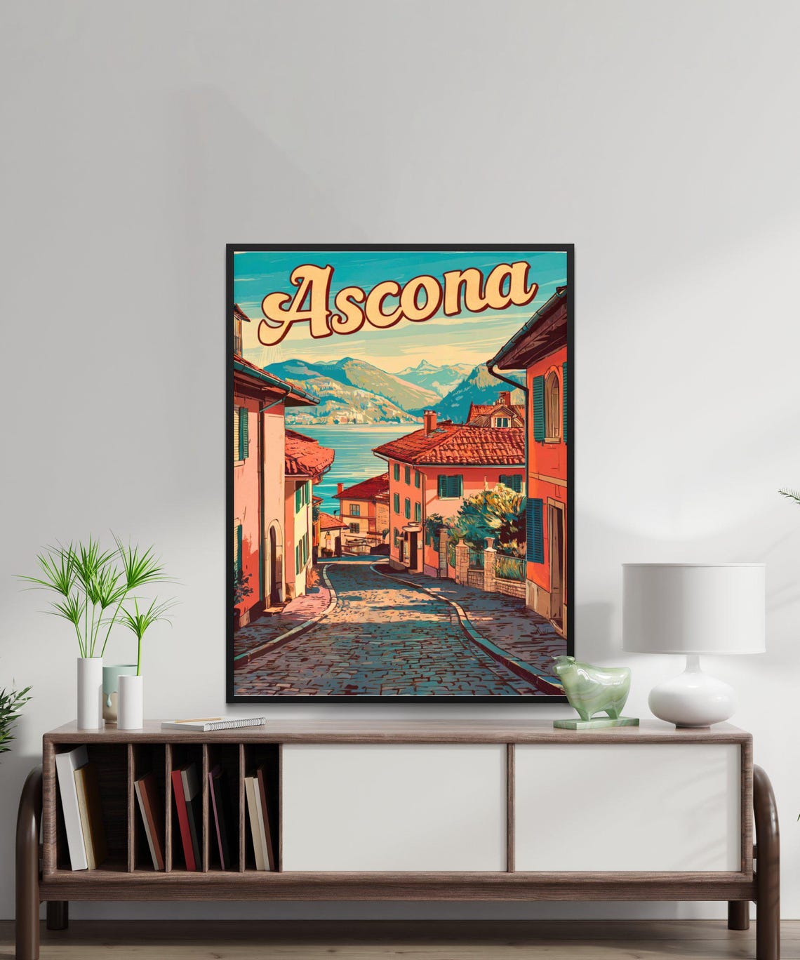 Ascona Vintage Travel Poster Retro Script Cobblestone Street Lake View - Image 2