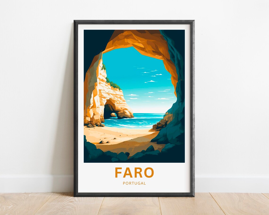 Faro Portugal Coastal Sea Cave Beach Cliffs Arch Travel Poster