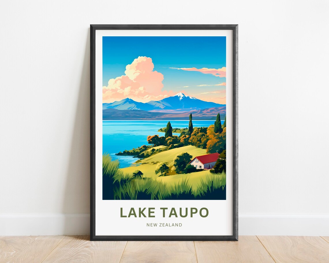 Lake Taupo New Zealand Snowcapped Peak and Lakeside Meadow Poster
