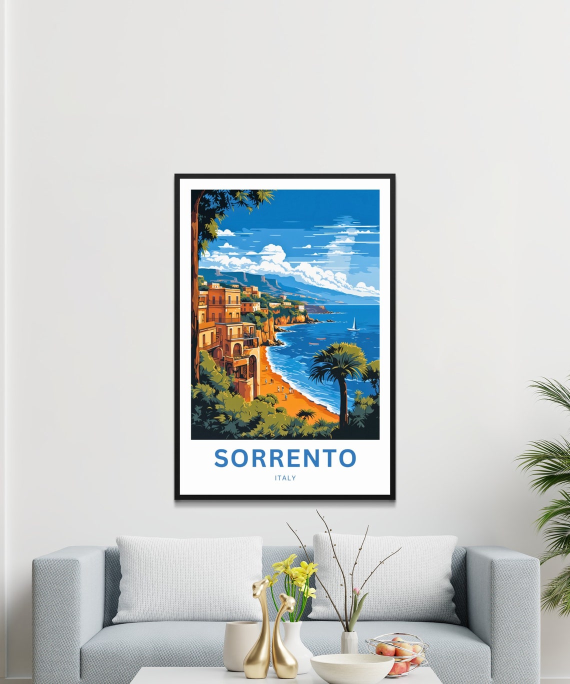 Sorrento Italy Beach Palms Distant Mountain Custom Art Poster - Image 3