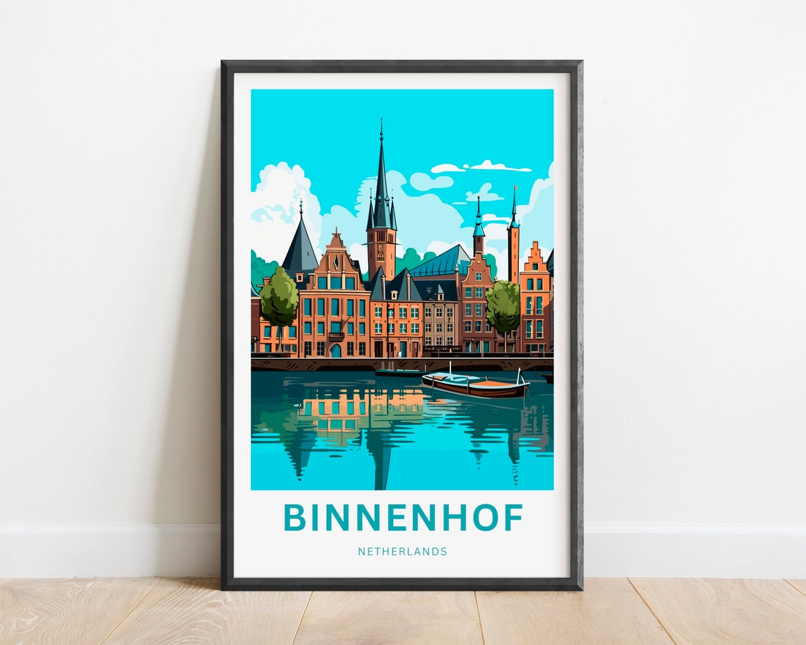 Binnenhof Netherlands Canal Houses Boat Harbor Travel Poster