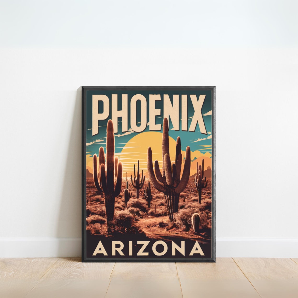 Phoenix Arizona Vintage Travel Poster with Saguaro Cacti Desert Sunset