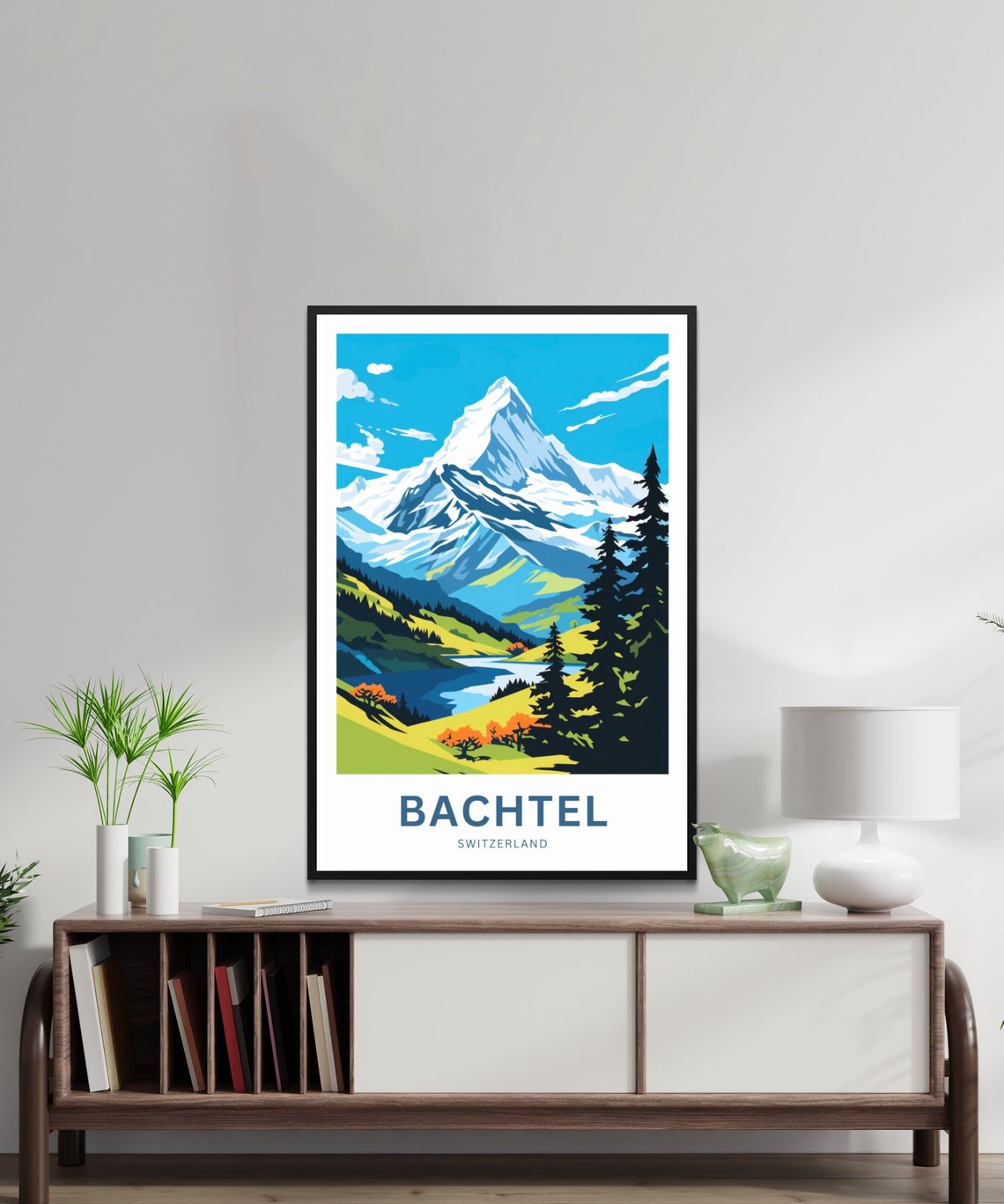 Bachtel Switzerland Snowy Summit Alpine Lake Scene Travel Poster - Image 2