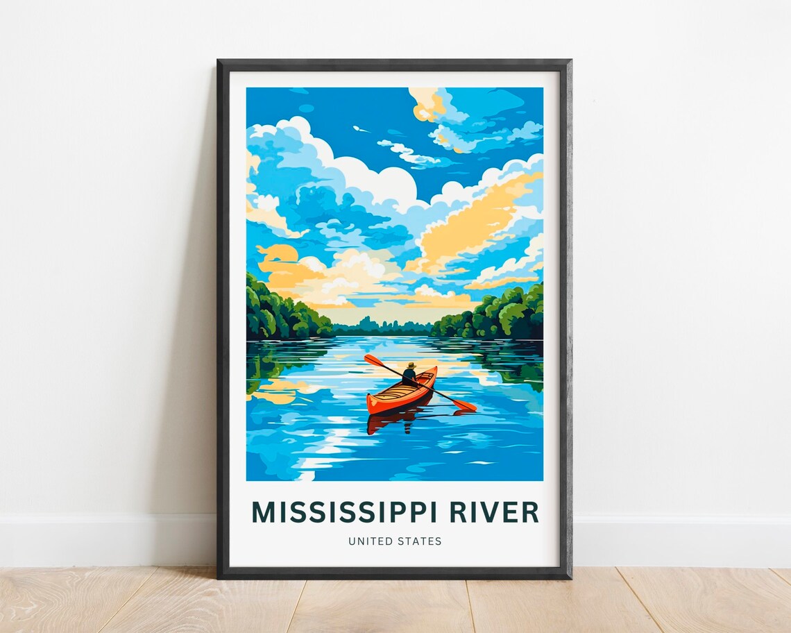 Mississippi River Sunset Kayak Scene Vintage American Travel Poster