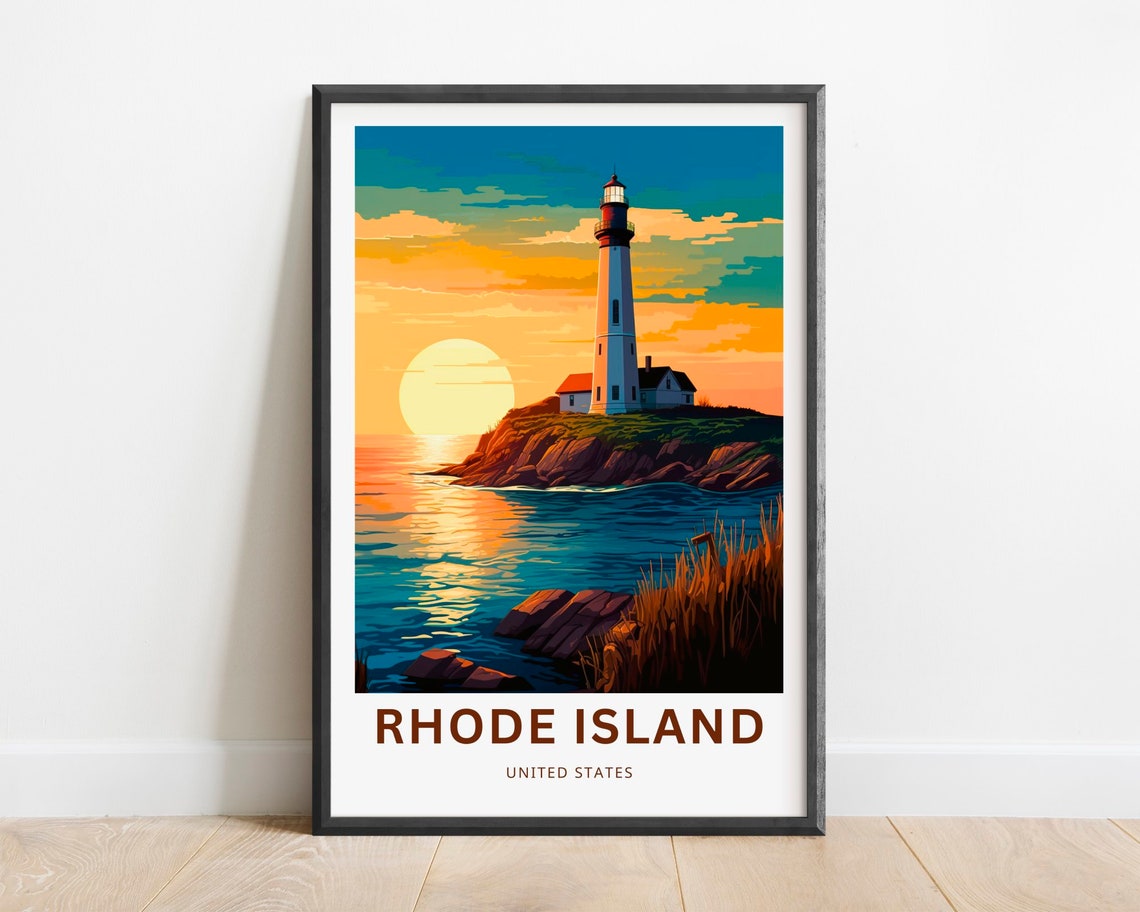 Rhode Island Lighthouse Coastal Sunset Ocean Waves Travel Poster