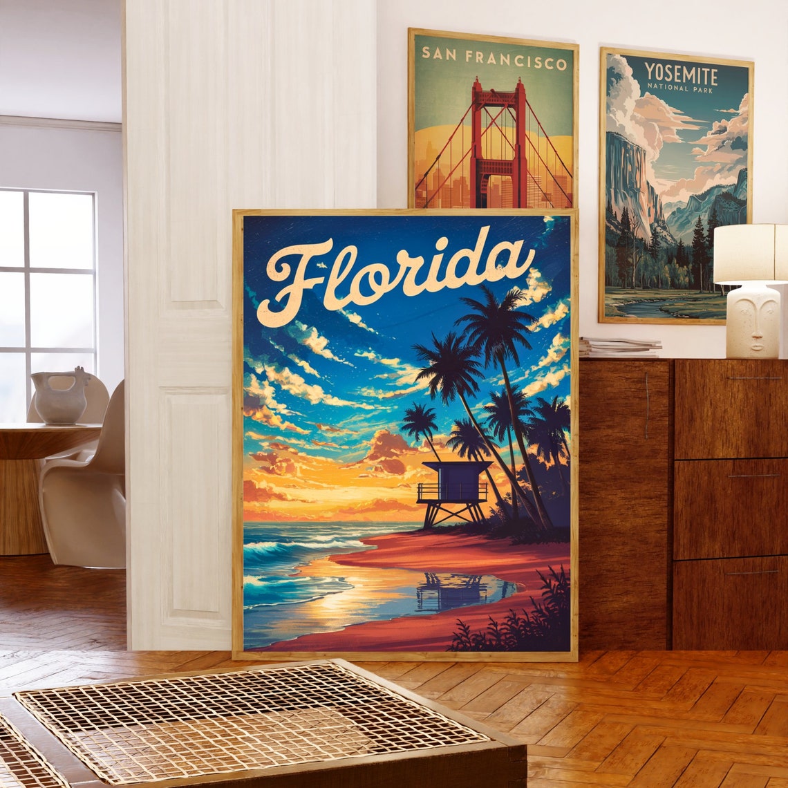 Florida Lifeguard Tower Sunset Palms Beach Vintage Retro Travel Poster - Image 5