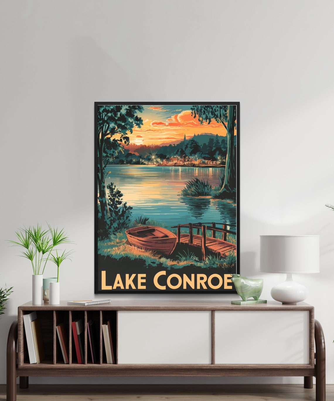Lake Conroe Texas Vintage Sunset Waterfront Dock Boat Poster - Image 2
