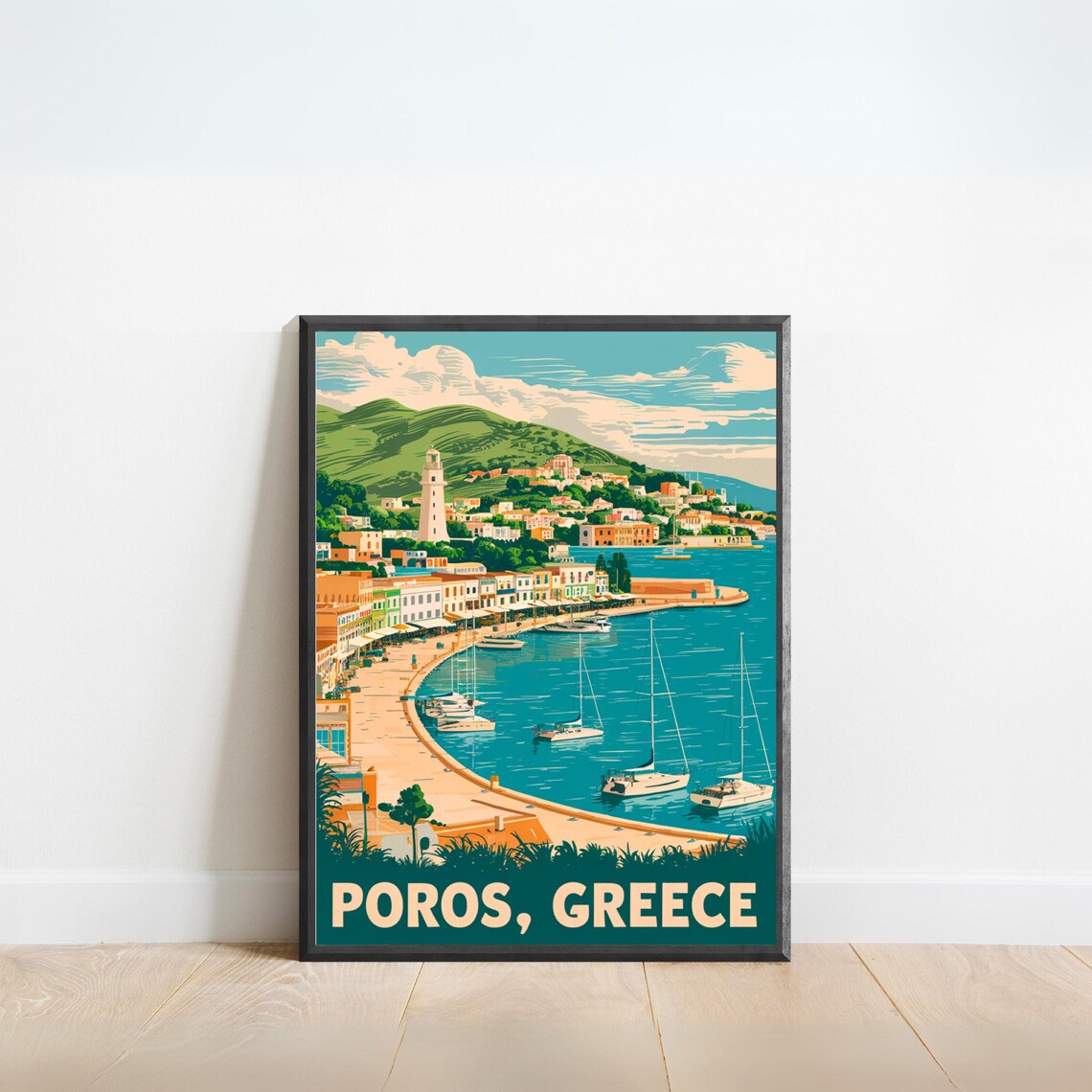 Poros Greece Vintage Teal Harbor Sailboats Travel Art Poster
