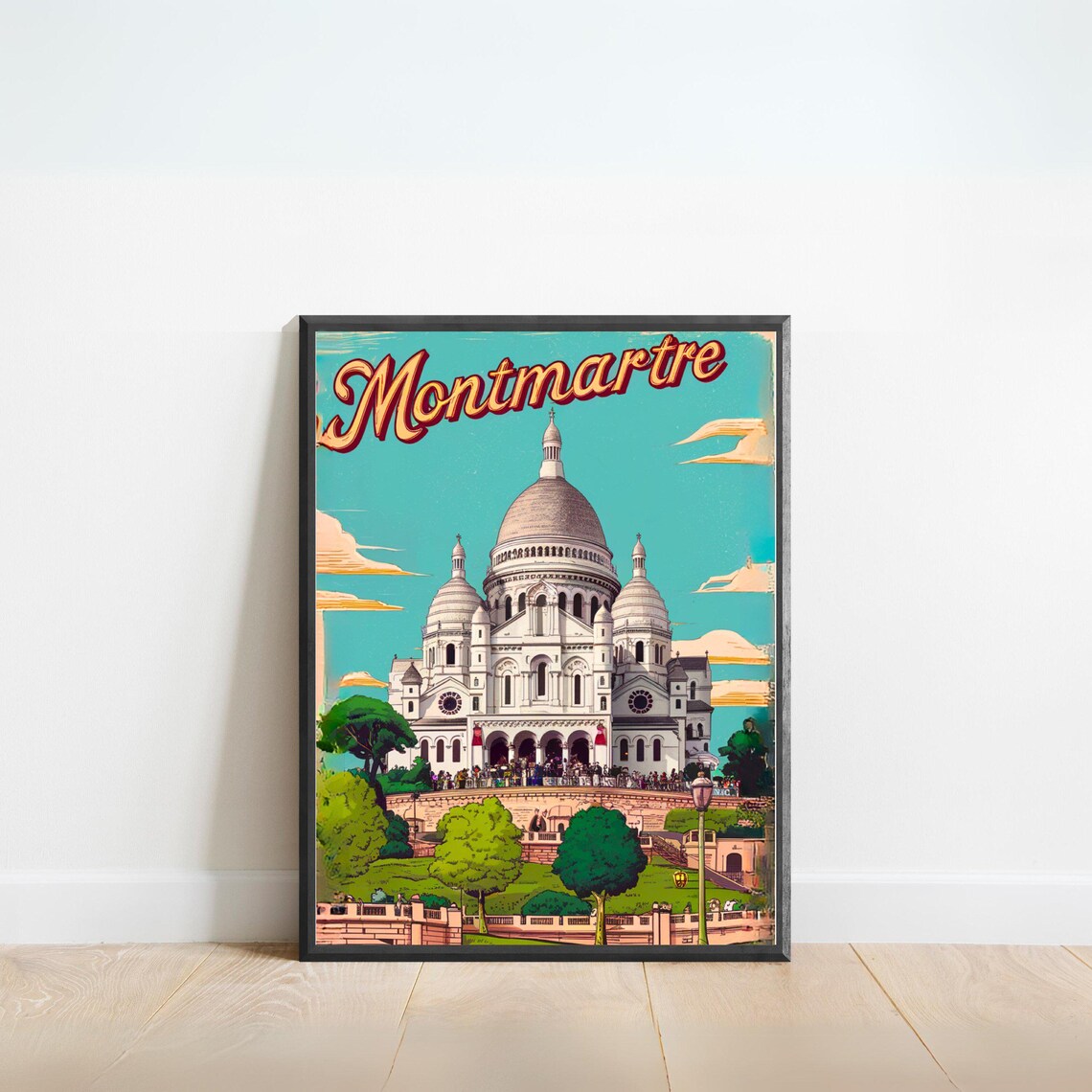 Montmartre Paris Vintage Travel Poster Sacre Coeur Basilica Landmark