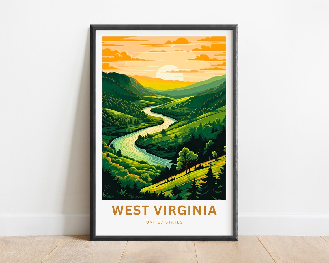 West Virginia Winding River Valley Sunset Hills Travel Poster