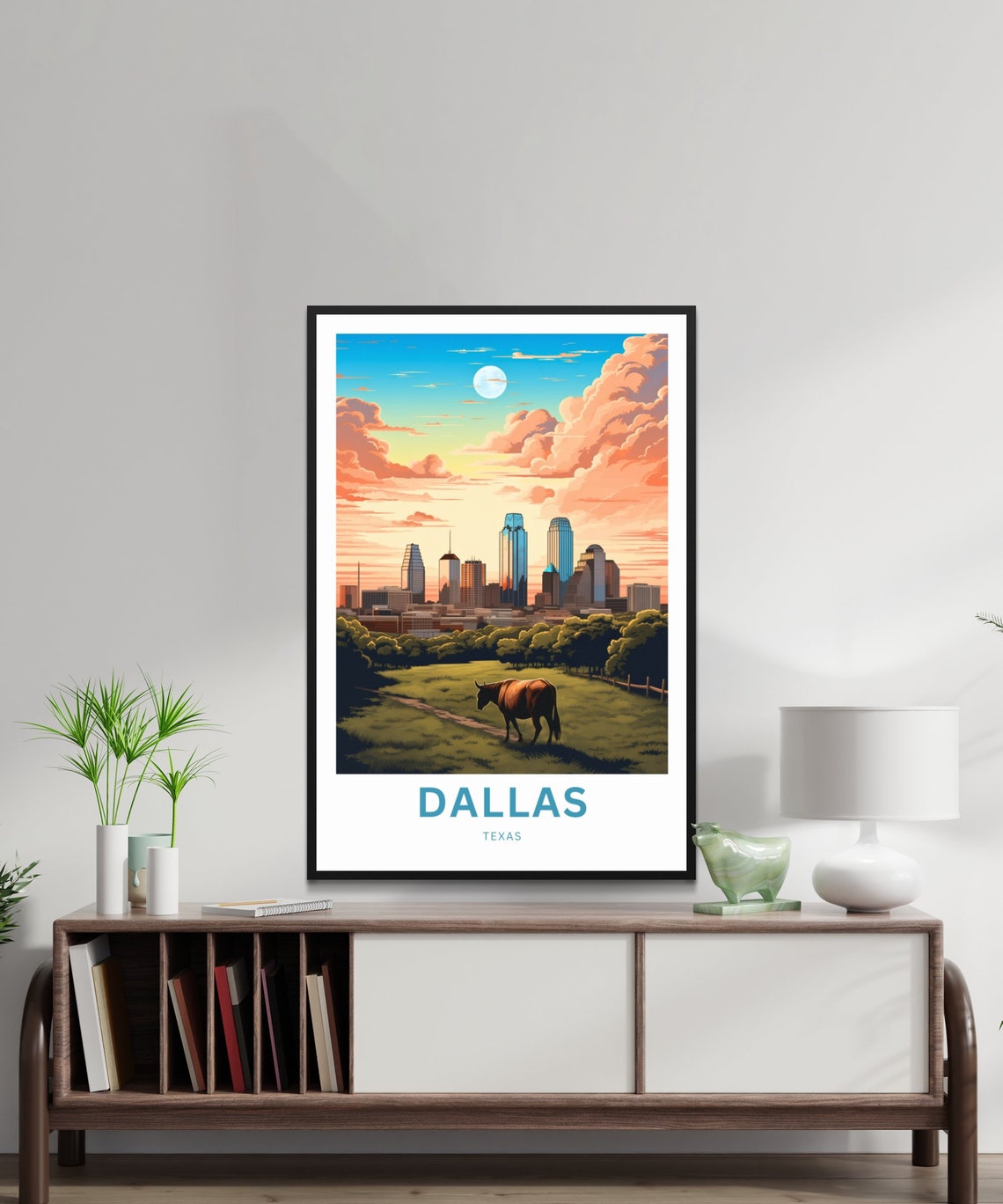 Dallas Texas Skyline Cattle Field Moonlit Night Travel Poster - Image 2