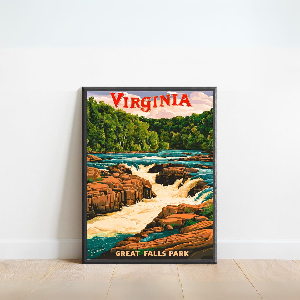 Virginia Great Falls Park Waterfall Red Rocks Vintage Travel Poster