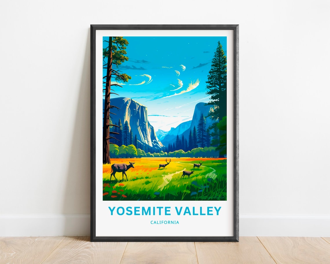 Yosemite Valley California Sunset Meadow Deer View Travel Poster