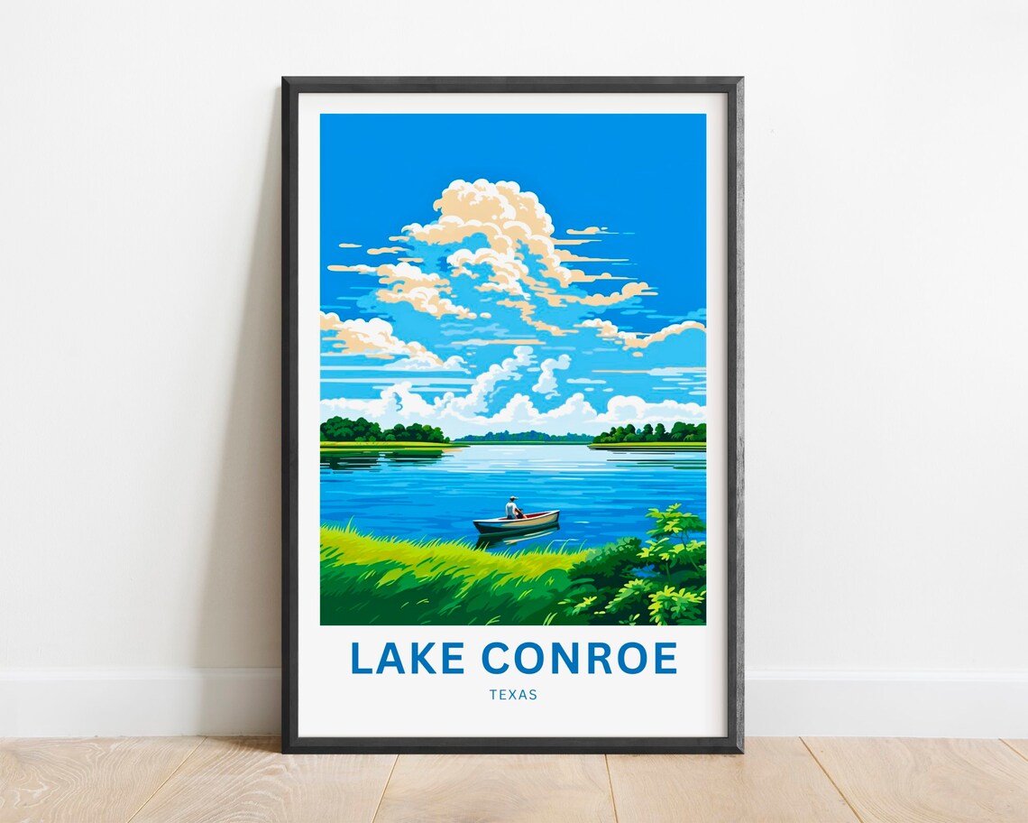 Lake Conroe Texas Fishing Boat Calm Waters Scenic Travel Poster