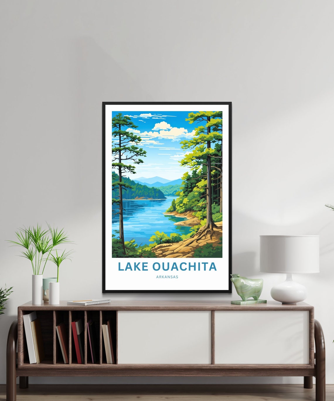 Lake Ouachita Arkansas Pine Trees Rocky Shore Sunny Lake Travel Poster - Image 2