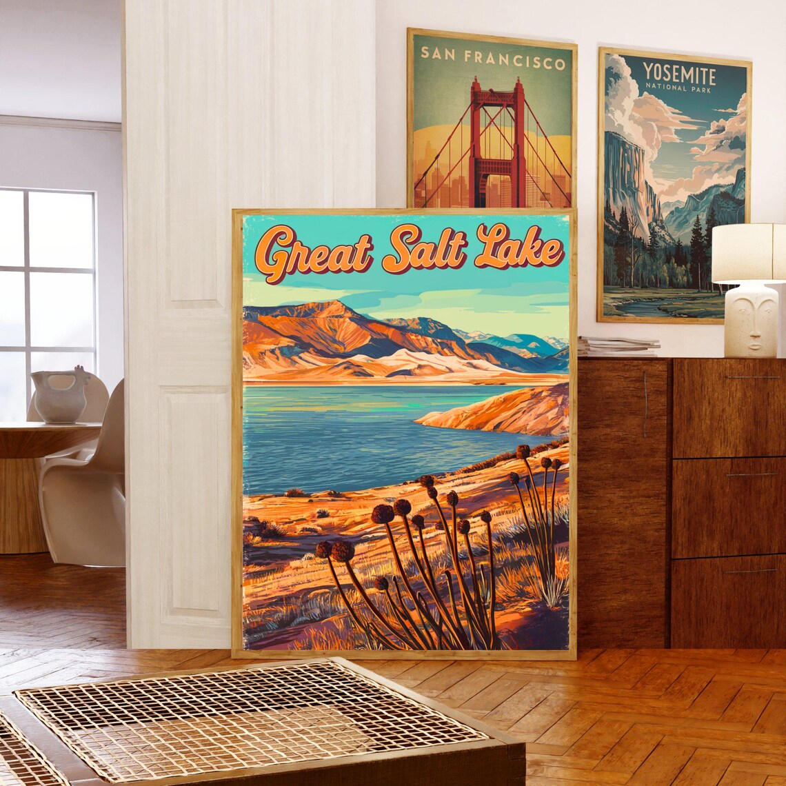 Great Salt Lake Utah Desert Vista Retro Sunset Landscape Art Poster - Image 5