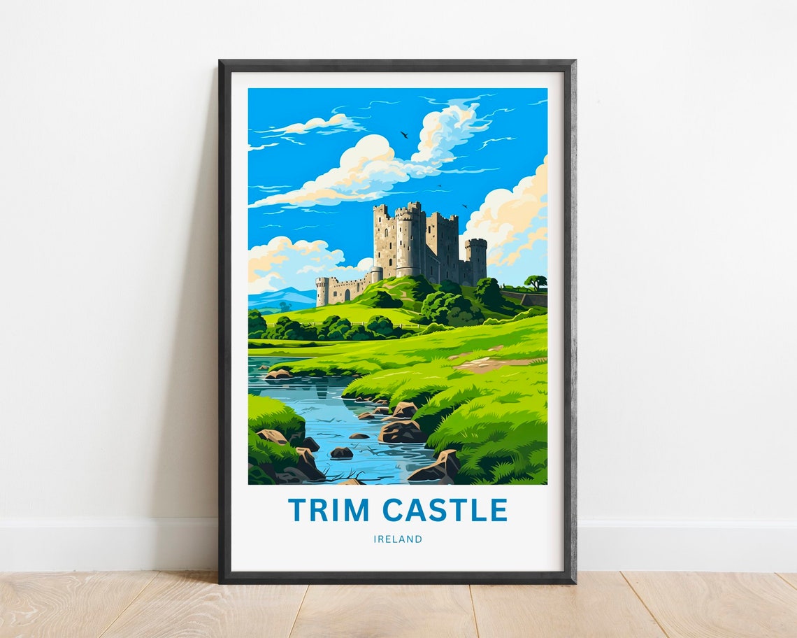 Trim Castle Ireland Keep Above Rocky River Blue Sky Travel Poster