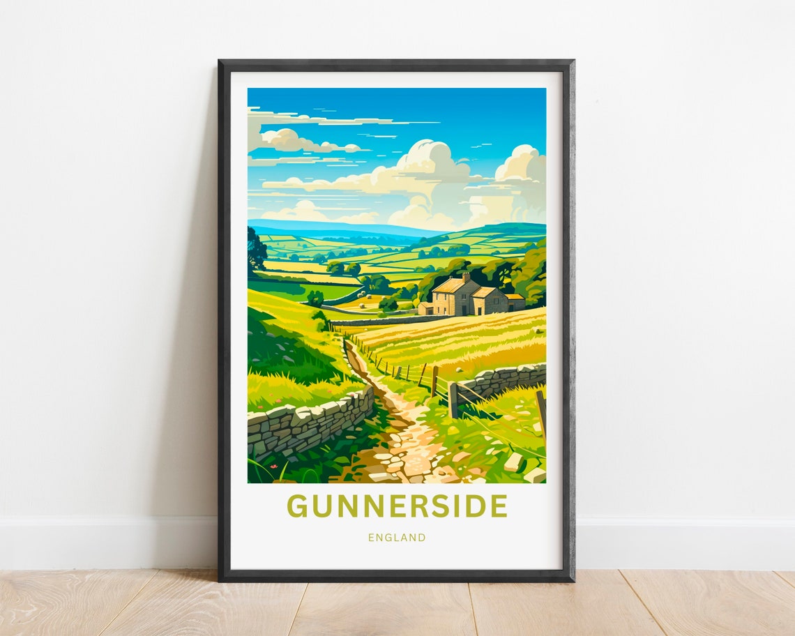 Gunnerside England Green Valley Farmhouse Stone Wall Travel Poster