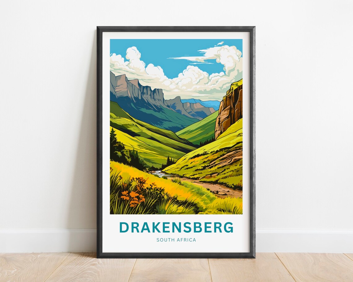 Drakensberg South Africa Golden Valley Cliffs Travel Art Poster