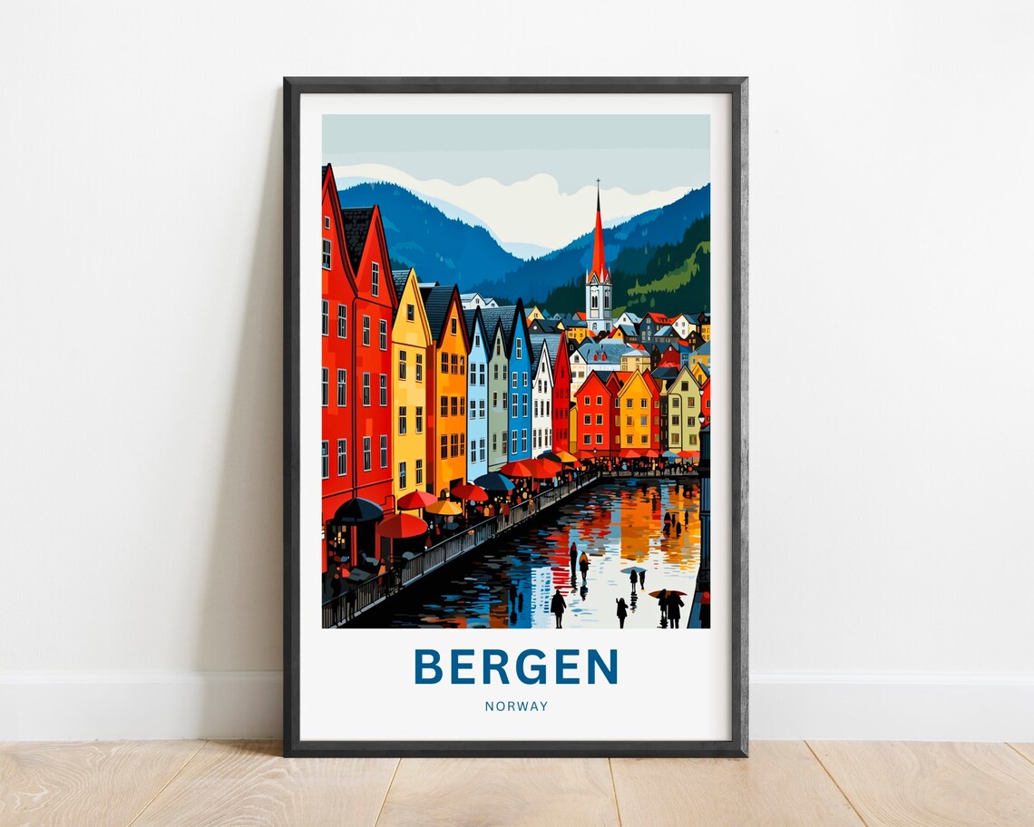 Bergen Norway Bryggen Wharf Cafe Harborfront Waterfront Travel Poster