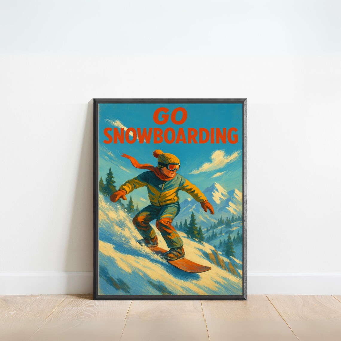 Go Snowboarding Retro Poster Vintage Winter Sports Ski Resort Art