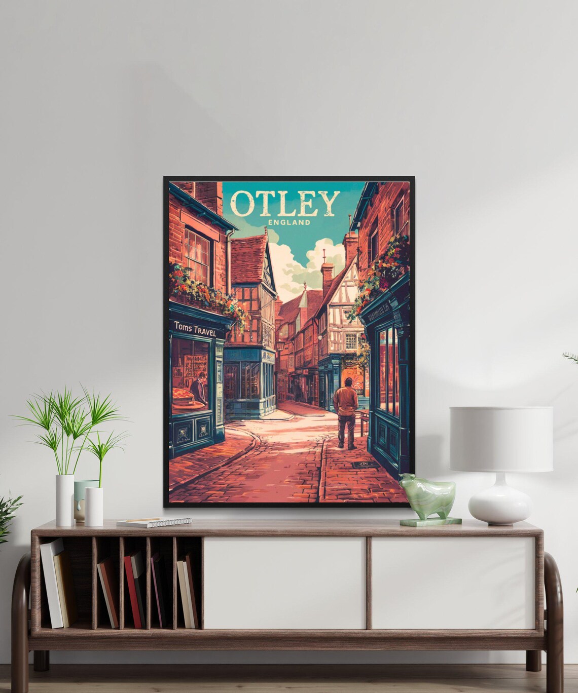 Otley England Historic Cobbled Street Shops Vintage Travel Poster - Image 2