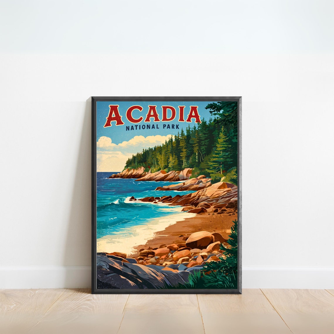Acadia National Park Rocky Coast Pine Forest Vintage Travel Poster