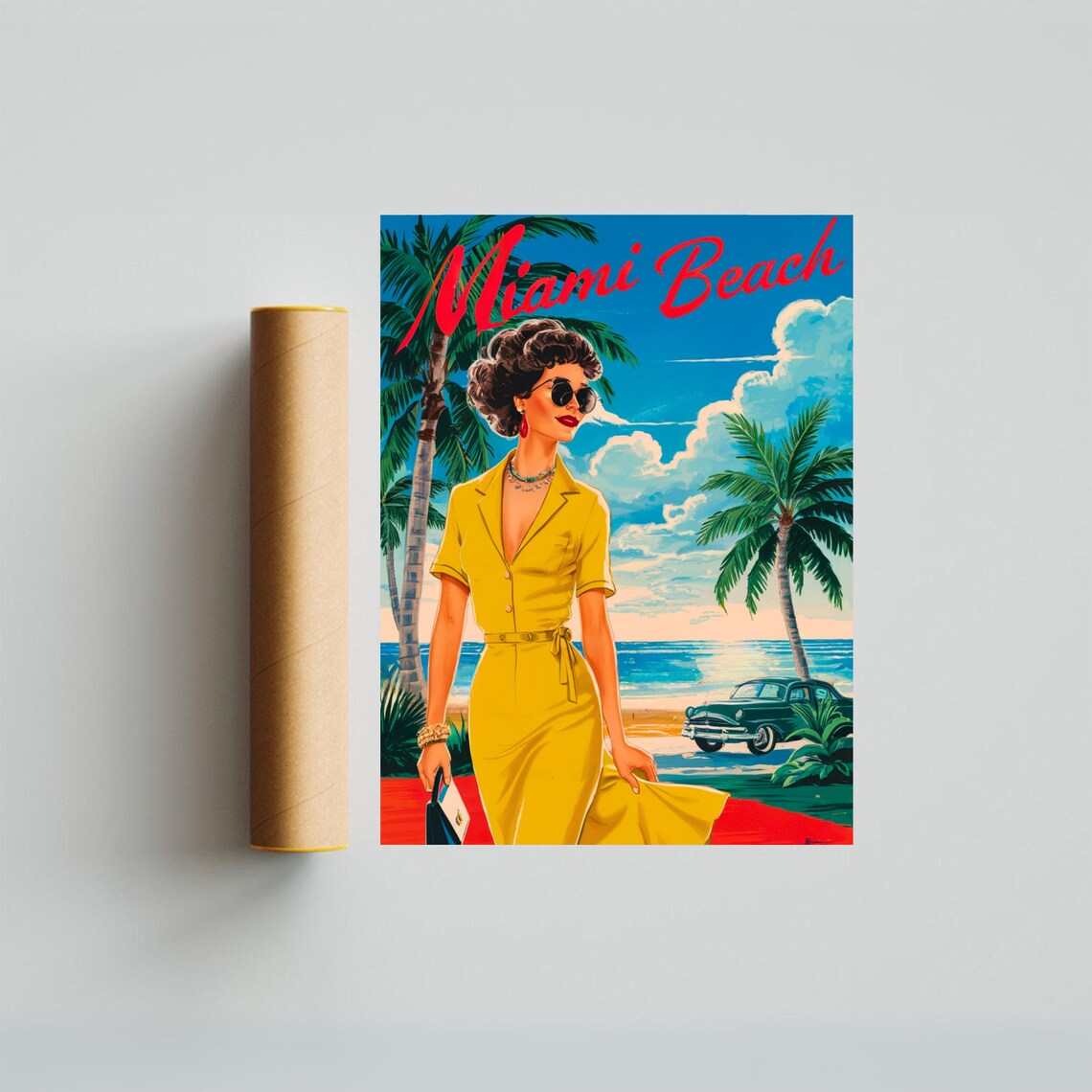 Miami Beach Retro Pin Up Woman Yellow Dress Palm Trees Poster - Image 2