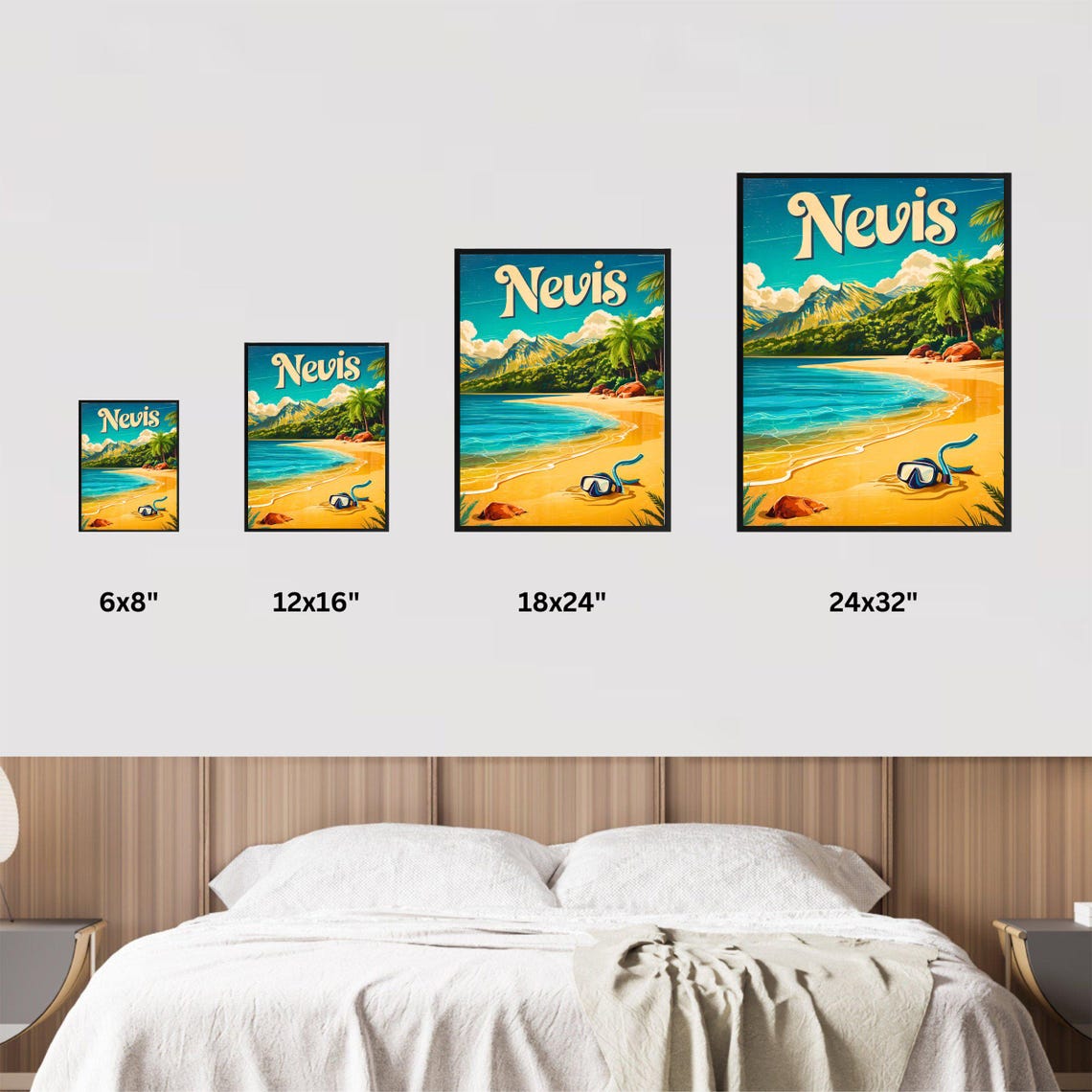 Retro Nevis Caribbean Snorkel Beach Mountain Vintage Travel Poster - Image 4