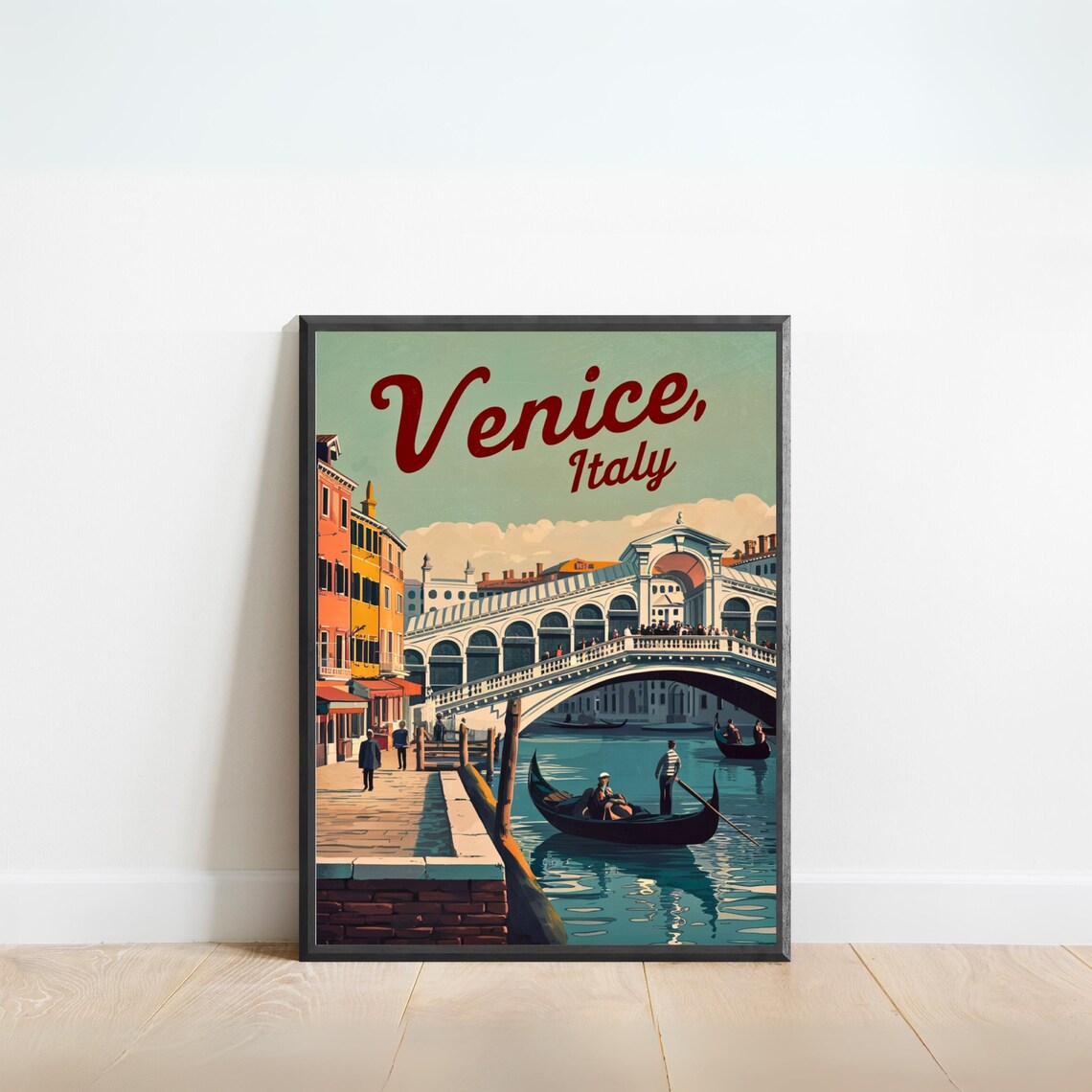 Venice Italy Rialto Bridge Gondolier Canal Sunset Retro Travel Poster