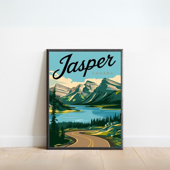 Jasper Canada Vintage Script Mountain Lake Road Travel Poster