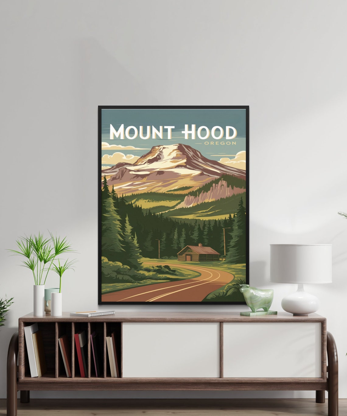 Mount Hood Oregon Vintage Poster with Sunrise over Pine Forest Cabin - Image 2