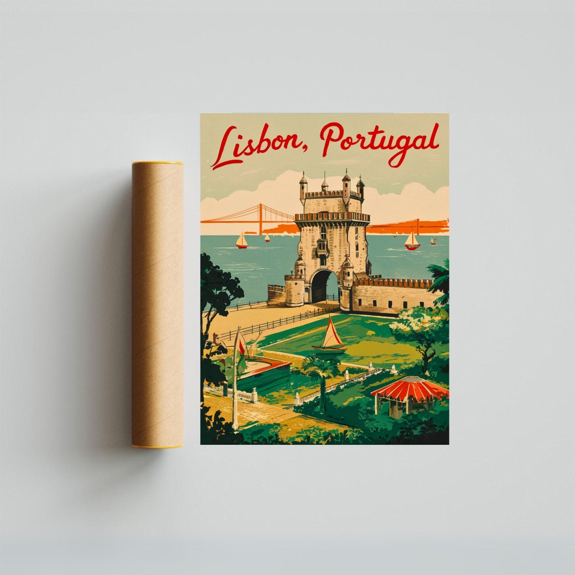 Lisbon Portugal Retro Belem Tower Script Style Travel Poster - Image 4