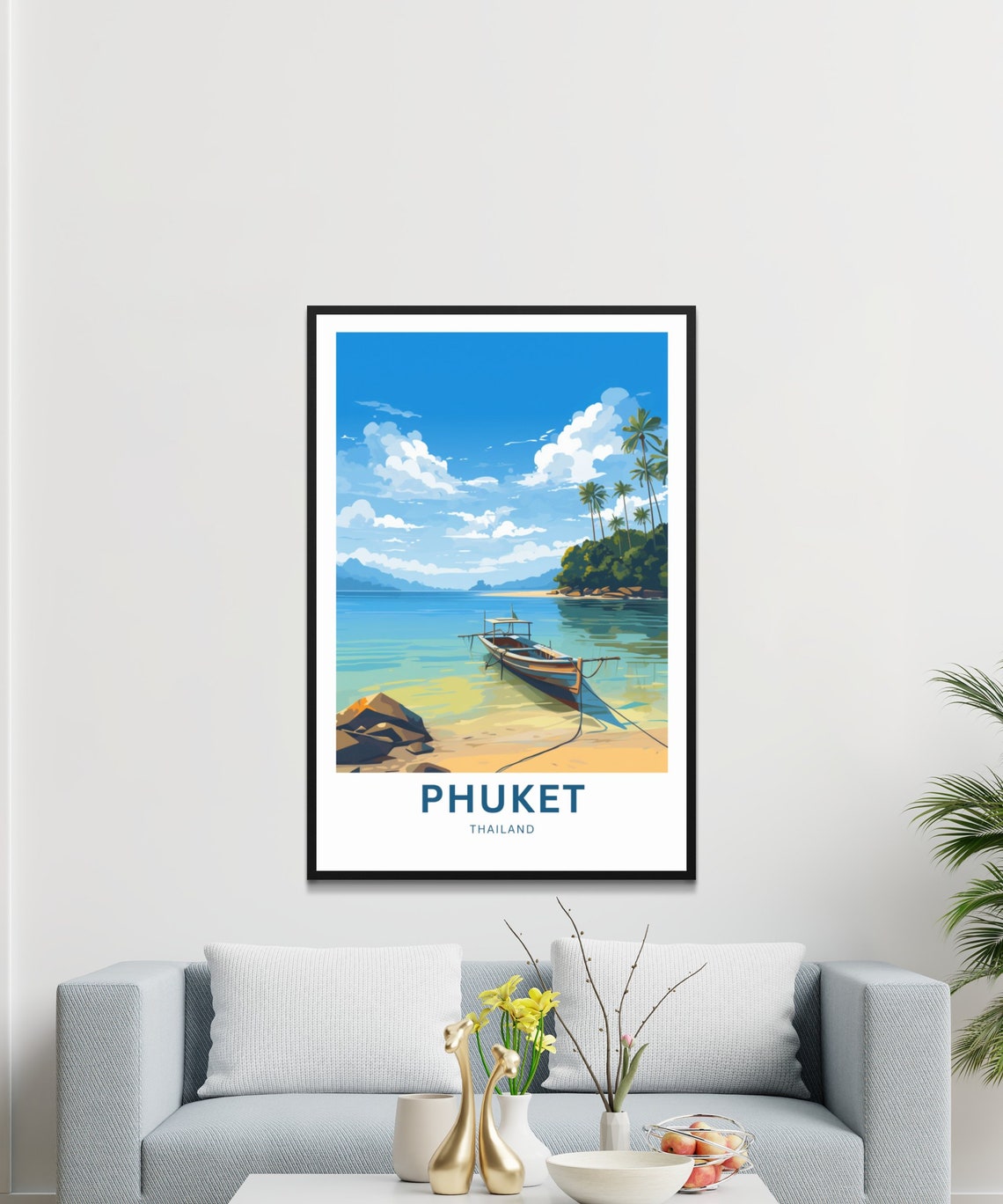 Personalized Phuket Thailand Travel Poster Wooden Boat Beach Shore Art - Image 3