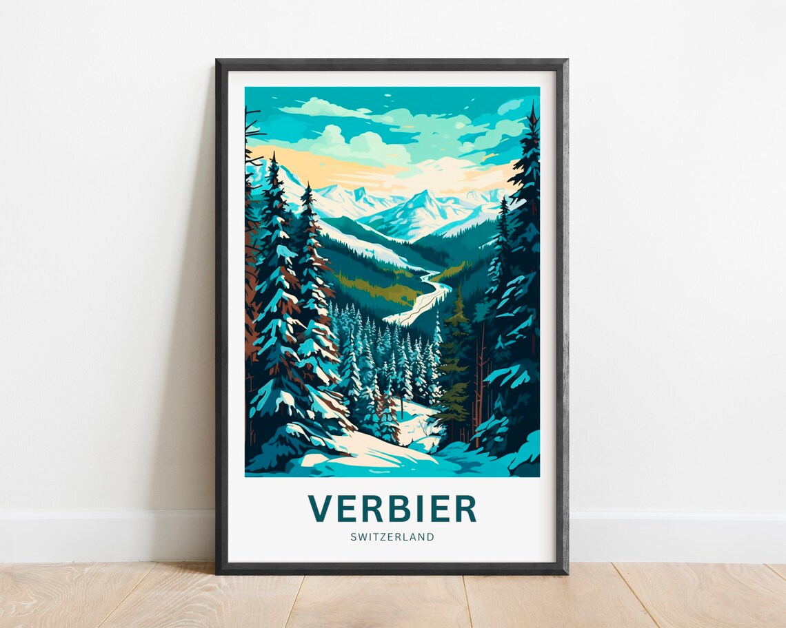 Verbier Switzerland Snowy Alpine Pine Forest Winter Travel Poster