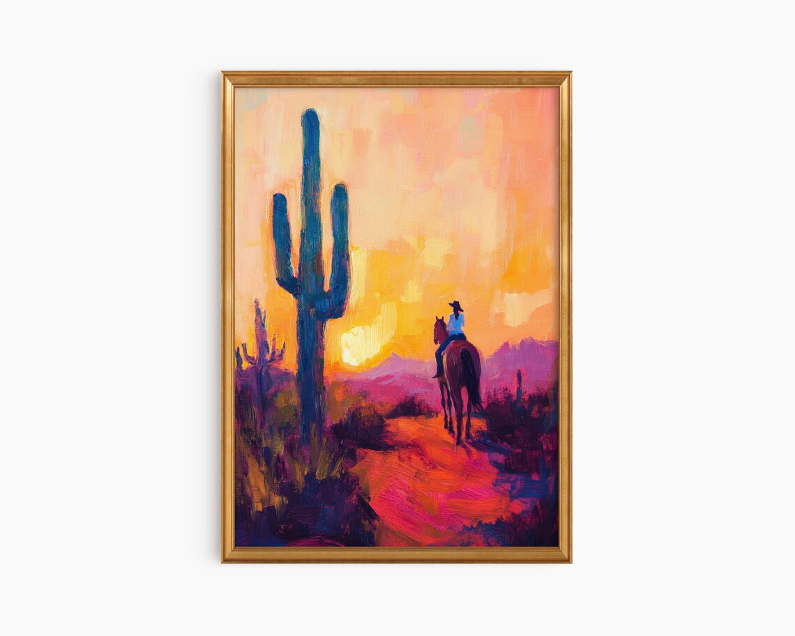 Woman On Horseback Art Print, Desert Sunset