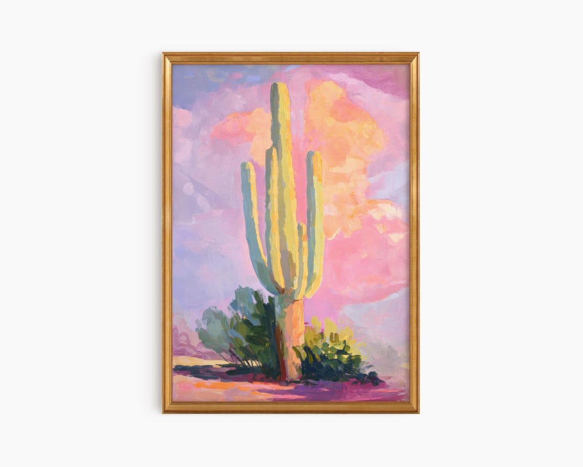 Tall Saguaro Cactus At Pink Sunset Desert Oil Painting Poster