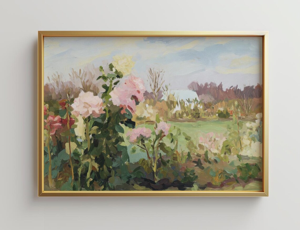 Impressionist Rose Garden Oil Painting Pink Blooms Landscape Poster