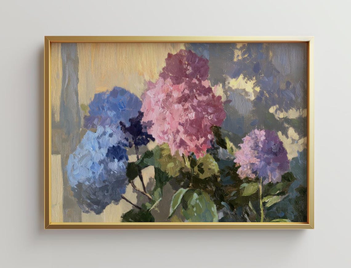 Pink Blue Hydrangea Blossom Impressionist Oil Painting Floral Poster