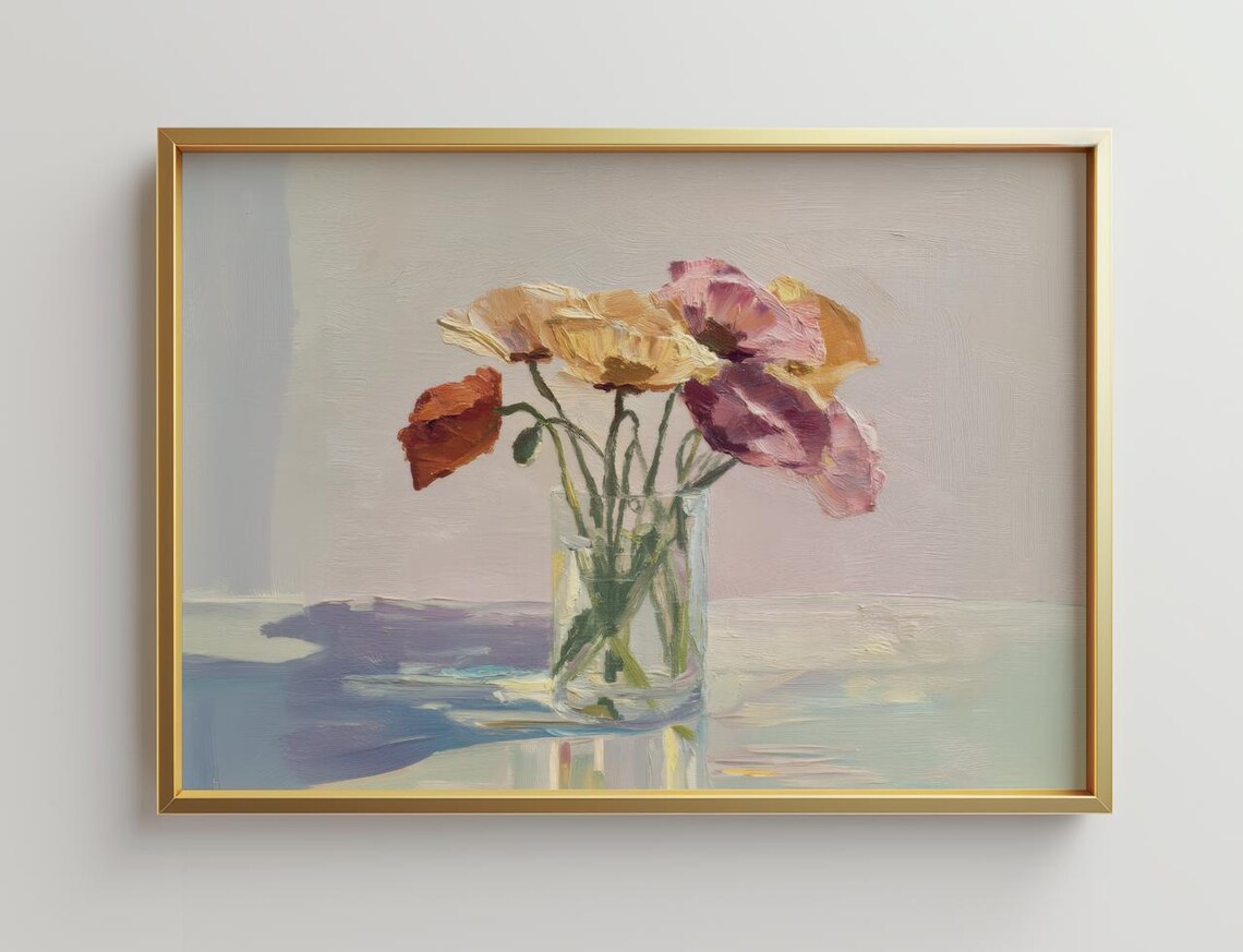 Poppies In Glass Vase Pastel Floral Still Life Oil Painting Poster