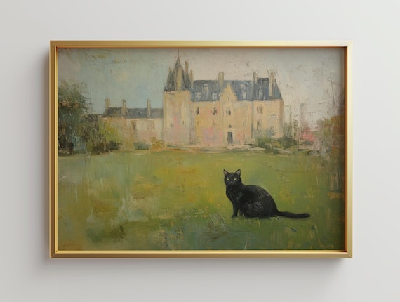Black Cat Before Grand Manor Impressionist Oil Painting Cat Lover Poster