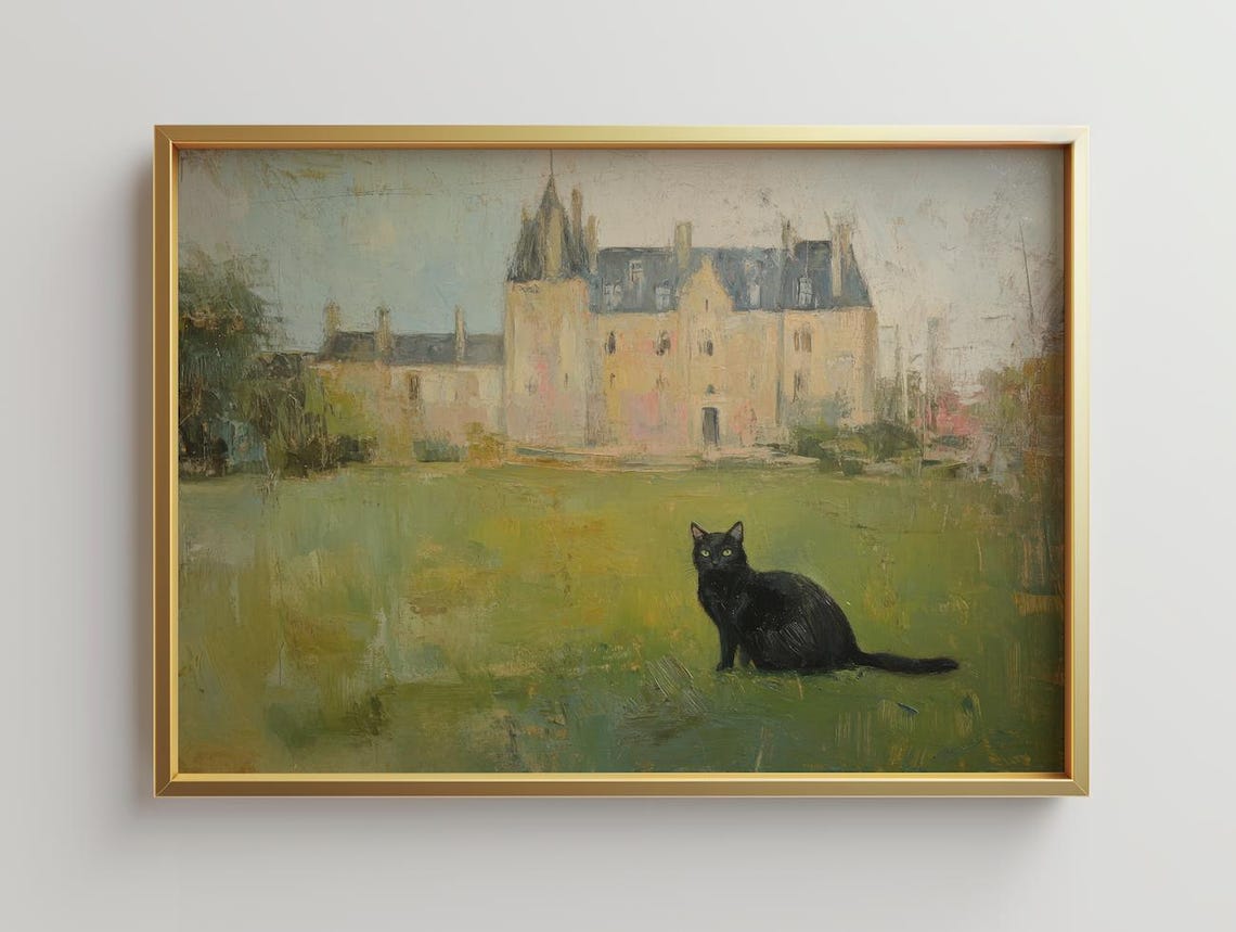 Black Cat Before Grand Manor Impressionist Oil Painting Cat Lover Poster